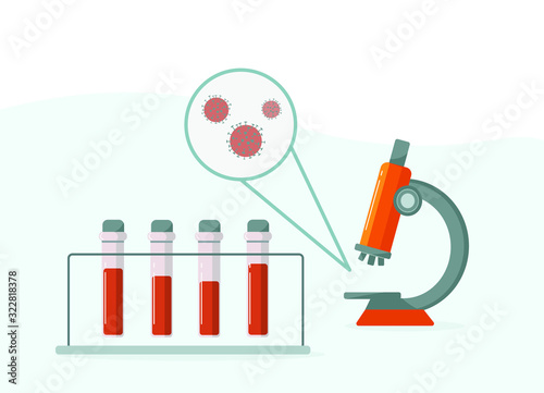 Wuhan coronavirus 2019-nCoV. Laboratory test tubes with blood, microscope and virus for experiment in a science research lab.  Creation of vaccine. Copy space 
