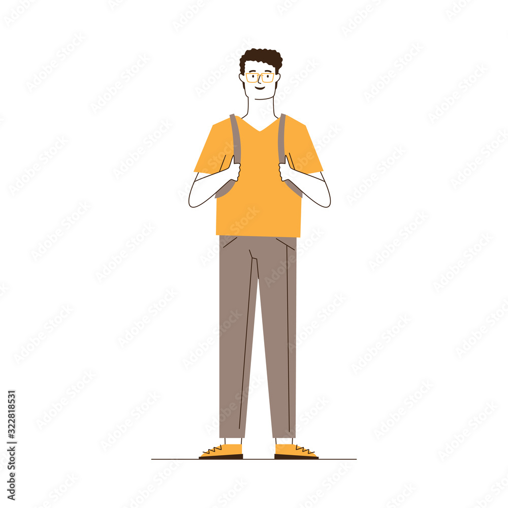 Smiling student wearing glasses and backpack. Full body of cartoon guy in casual flat vector illustration. Smart young man, male character concept for banner, website design or landing web page