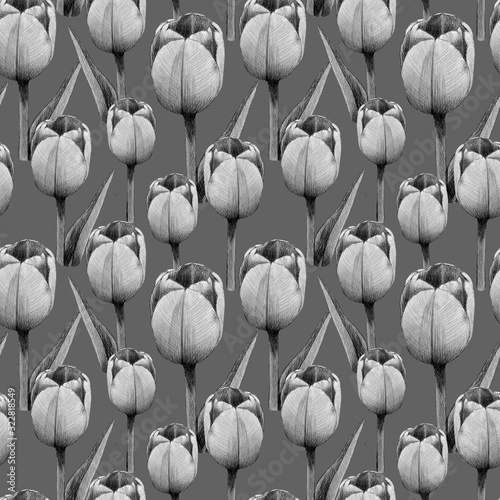 seamless pattern, tulips, pencil sketch on a dark gray background