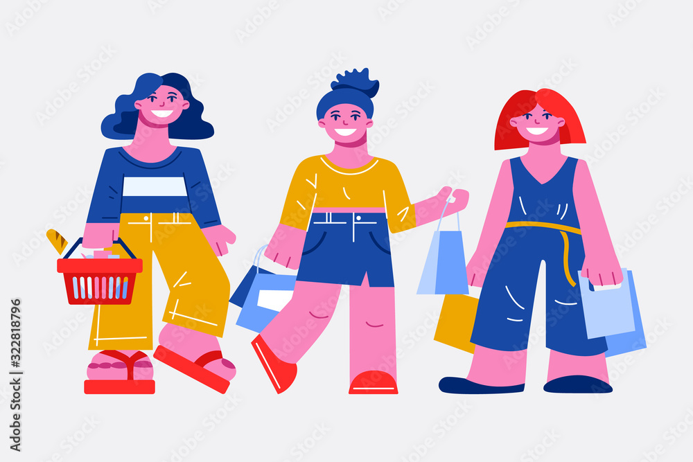 Flat style vector illustration of a group of girls holding shopiing bags. Isolated cartoon characters