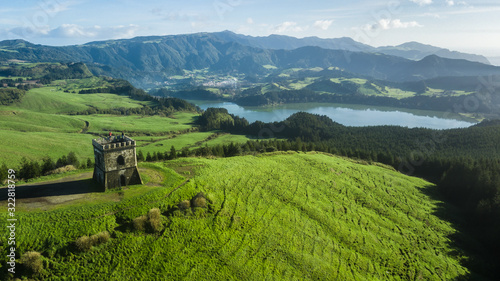 Obraz na płótnie Drone aerial view of Castelo Branco historic monument with Furnas lagoon on background in Sao Miguel island, Azores, Portugal