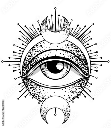 Blackwork tattoo flash. Eye of Providence. Masonic symbol. All seeing eye inside triangle pyramid. New World Order. Isolated vector illustration