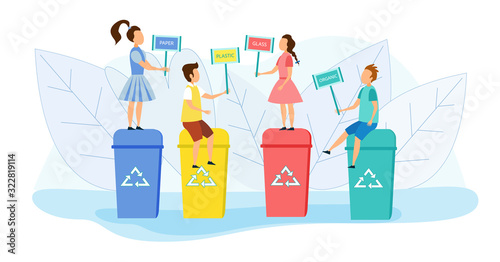 Little Kids Boys and Girls Standing and Sitting on Colorful Litter Bins with recycling Signs Holding Banners with Inscription Paper, Glass, Organic, Plastic. Garbage Recycling Cartoon Flat Vector