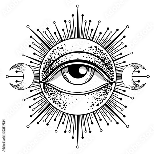 Blackwork tattoo flash. Eye of Providence. Masonic symbol. All seeing eye inside triangle pyramid. New World Order. Isolated vector illustration