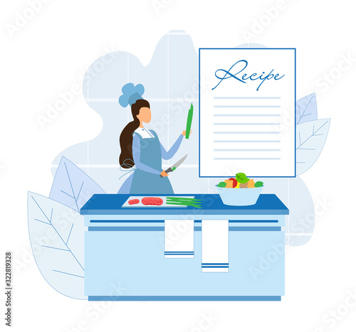 Faceless Young Female Chef Cooking Organic Dish According to Recipe. Woman in Uniform Cutting Vegetables. Culinary Courses. Cuisine Classes. Improving Skill and Education. Vector Flat illustration