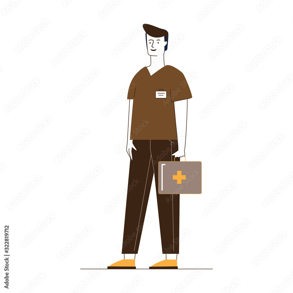 Paramedic with first aid kit. Male character in medical uniform flat vector illustration. Emergency, doctor visiting patient concept for banner, website design or landing web page