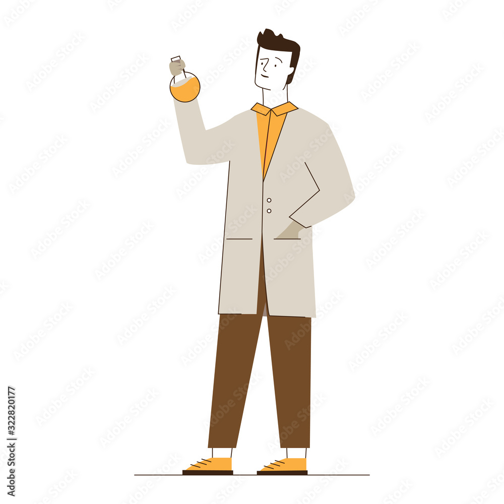 Lab assistant holding chemical flask. Man wearing white coat, scientist, chemist flat vector illustration. Medicine, laboratory, test concept for banner, website design or landing web page Lab assistant holding chemical flask. Man wearing white coat, scientist, chemist flat vector illustration. Medicine, laboratory, test concept for banner, website design or landing web page