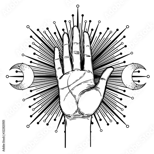 Vintage Hand. Hand drawn sketchy illustration with mystic and occult hand drawn symbols. Palmistry concept. Vector illustration. Spirituality, astrology, esoteric.