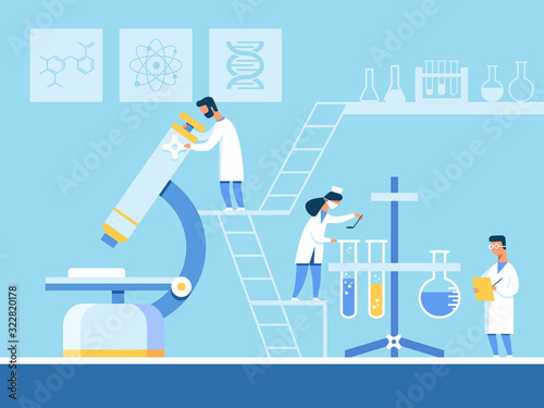 Cartoon Scientists Working on New Pharmaceuticals Creation. Bearded Man in Uniform Looks via Microscope, Woman Researcher Mixes Reagents in Test Tubes, Doctor Notes Results. Vector Flat Illustration