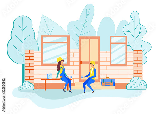 Man and Woman Builders Wearing Working Overalls Having Break Sitting near Unfinished Building and Drinking Coffee with Muffins. Workers Relaxing at Construction Site. Cartoon Flat Vector Illustration