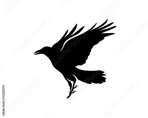 Raven bird logo vector template, Black silhouette of a crow on an isolated background