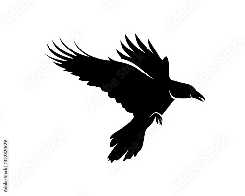 Raven bird logo vector template, Black silhouette of a crow on an isolated background