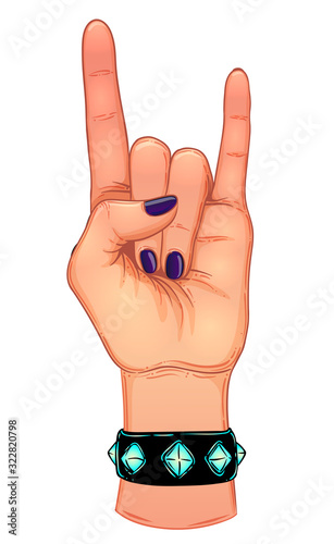 Rock and roll sign. Hand drawn illustration of human hand showing sign of the horns. Gesture of Heavy metal culture. Raised hand as a rock and roll sign.