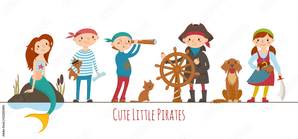 Fototapeta premium Set of cute little pirate, sailor kids and mermaid, cartoon vector illustration isolated on white background. Kids, children playing, dressed as pirates, birthday party, Halloween, sea adventures
