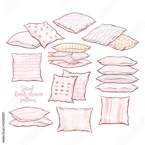 Set of pillows - single, pairs, piles, standing, lying, front and side view with patterns, hand-drawn sketch, vector illustration isolated on white background. Set of hand-drawn, sketch style pillows