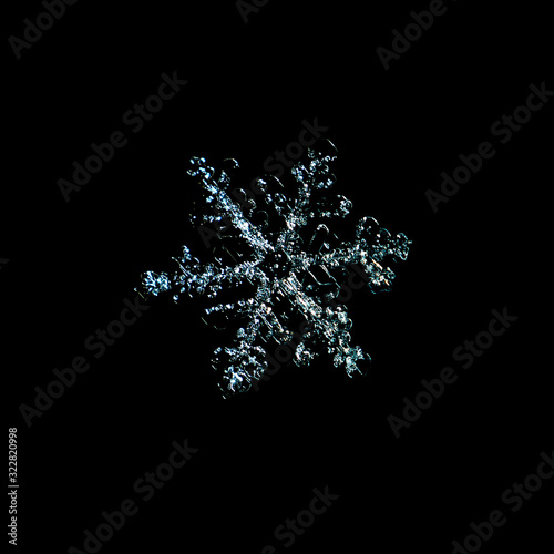 Snowflake isolated on black background: real snowflake macro photo.