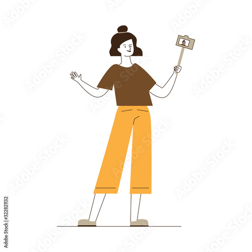 Woman taking selfie. Female blogger using camera with monopod flat vector illustration. Recording video, travel, selfie concept for banner, website design or landing web page