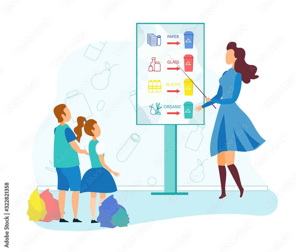 Young Woman Stand with Pointer at Billboard with Infographics Segregation Garbage Type Teach Kids how Correctly to Determine Paper, Plastic, Organic and Glass Litter Cartoon Flat Vector Illustration