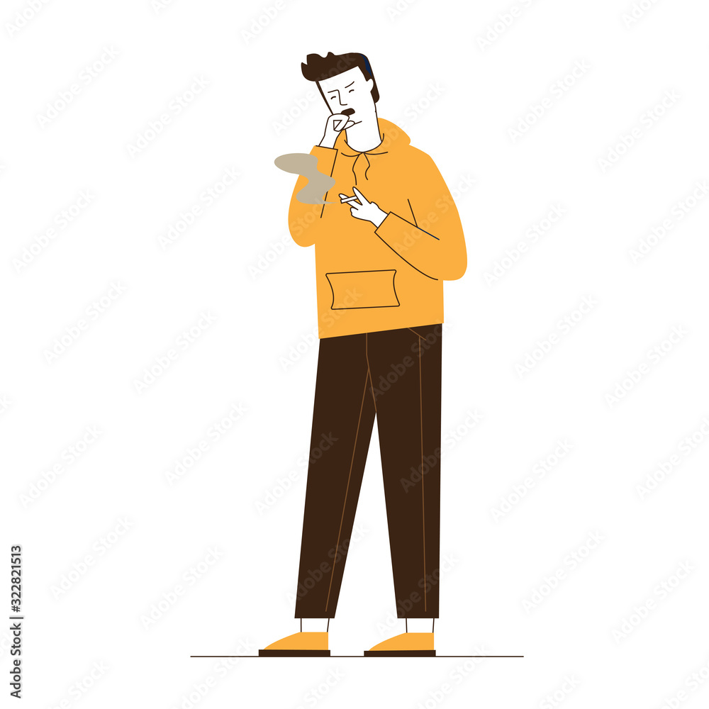 Male smoker coughing. Smoking young man flat vector illustration. Health problem, nicotine, addiction concept for banner, website design or landing web page