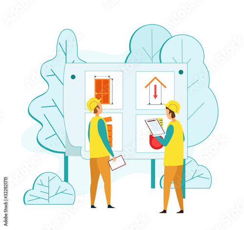 Couple of Workers Wearing Uniform and Helmet Stand near Informational Stand Learning Building Plan and Writing Down Notes to Clipboards. Engineer Architect Profession Cartoon Flat Vector Illustration
