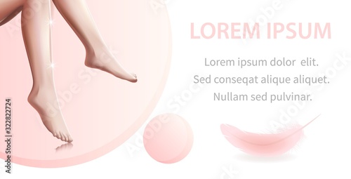 Laser Hair Removal, Beauty Procedure, Medical Spa Clinic Flyer with Smooth Female Legs with Perfect Skin, Feather Touch. Woman Healthcare, Hygiene 3D Vector Realistic Illustration, Horizontal Banner