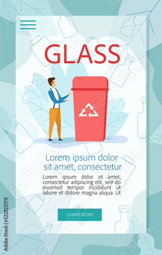 Poster with Visual and Written Instruction for Glass Garbage Sorting. Man Presenting Special Red Container with Recycling Logo Sign for Rubbish Segregation. Cartoon Flat Vector Illustration, Banner