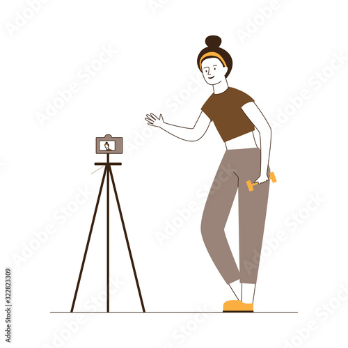 Fitness blogger posing for camera. Woman with dumbbells recording video of herself flat vector illustration. Internet, fitness, blog concept for banner, website design or landing web page
