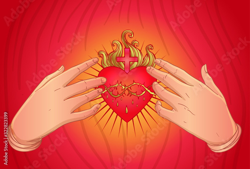 Open praying hands around sacred heart of Jesus. Hope faith and help, assistance and support symbol. Vector color illustration in vintage style isolated on black. Spirituality, religion, Catholicism.