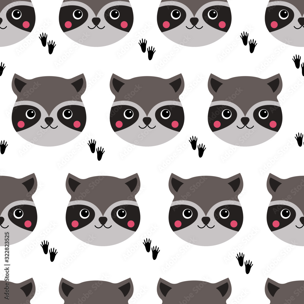 Cute kawaii raccoon pattern. Seamless background for baby kids print, textile, fabric. Funny wild animal face design, raccoon head isolated on white, vector illustration Cute kawaii raccoon pattern. Seamless background for baby kids print, textile, fabric. Funny wild animal face design, raccoon head isolated on white, vector illustration