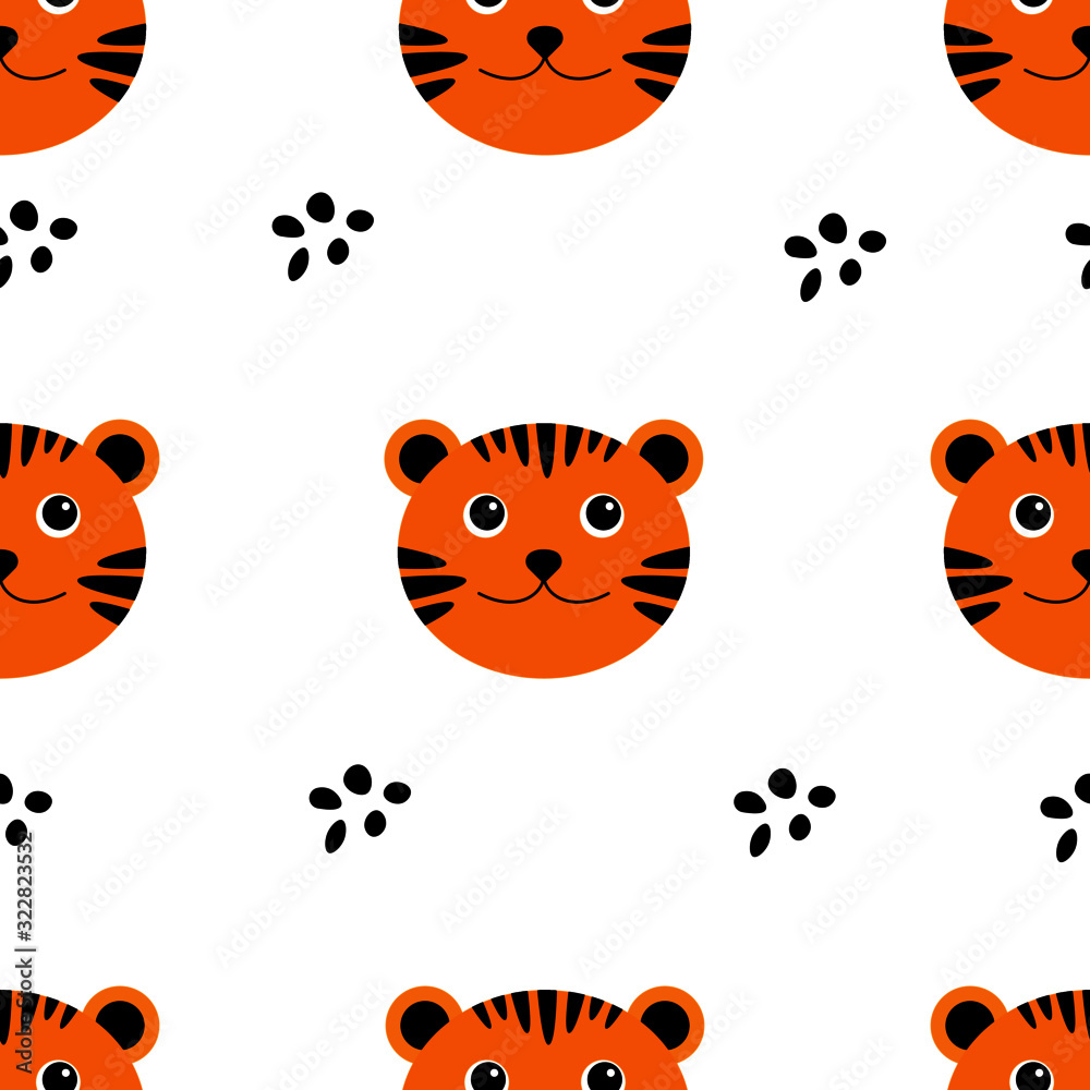 Obraz premium Cute kawaii tiger pattern. Seamless background for baby kids print, textile, fabric. Funny wild animal face design, tiger head isolated on white, vector illustration