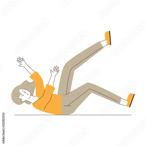 Woman falling down. Cartoon female character lying on slippery floor flat vector illustration. Carelessness, attention, accident concept for banner, website design or landing web page