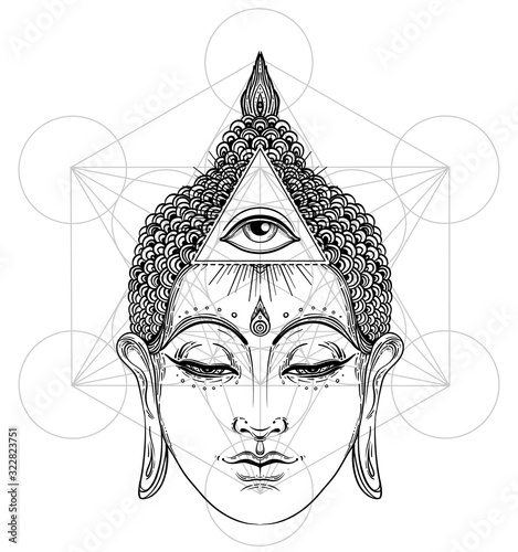 Buddha face with all seeing eye isolated on white. Esoteric vintage vector illustration. Indian, Buddhism, spiritual art. Hippie tattoo, spirituality, Thai god, yoga zen.