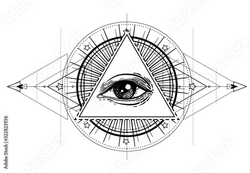 Eye of Providence. Masonic symbol. All seeing eye inside triple moon pagan Wicca moon goddess symbol. Vector illustration. Tattoo, astrology, alchemy, boho and magic symbol. Coloring book.