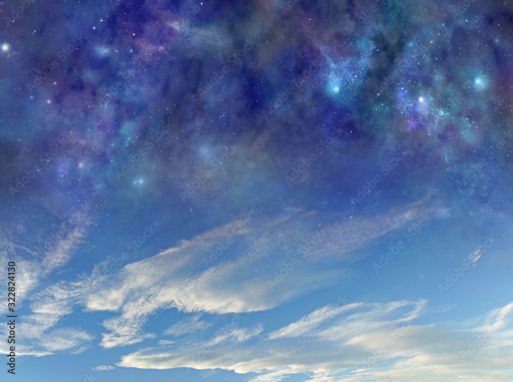 Day and Night all at once background - dark blue deep space  with many different stars, planets and clouds merging into a beautiful light blue day sky cloud formation background