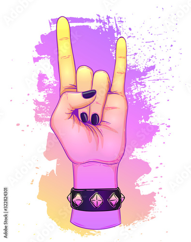 Rock and roll sign. Hand drawn illustration of human hand showing sign of the horns. Gesture of Heavy metal culture. Raised hand as a rock and roll sign.