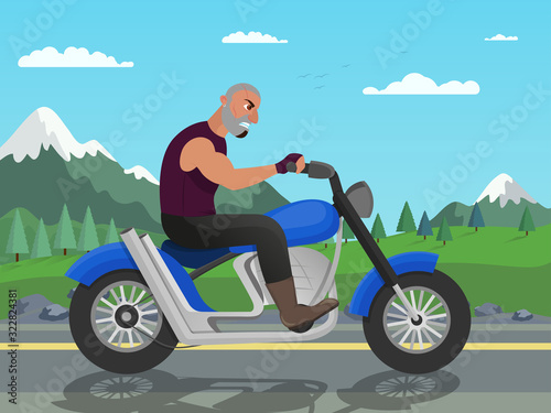 Biker Riding Motorcycle on Beautiful Mountain Landscape Background. Bearded Male Character with Scars on Angry Face Driving Motorbike. Cinemactor in Movie Film Scene, Cartoon Flat Vector Illustration