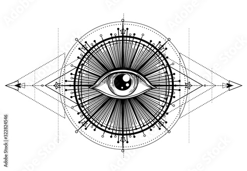 Eye of Providence. Masonic symbol. All seeing eye inside triple moon pagan Wicca moon goddess symbol. Vector illustration. Tattoo, astrology, alchemy, boho and magic symbol. Coloring book.