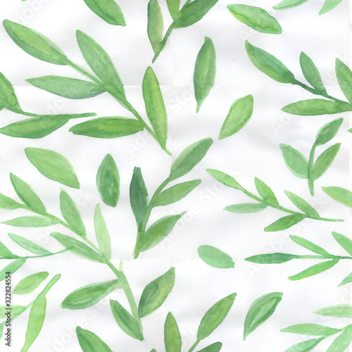 Watercolor seamless pattern with green leaves on a white background. Design for wallpaper, fabric, textile, wedding design, packaging,cards,website. Botanical hand made  illustration.
