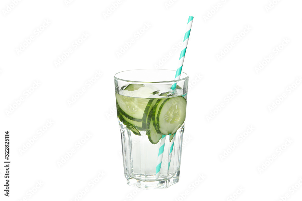 Glass with infused cucumber water isolated on white background Glass with infused cucumber water isolated on white background