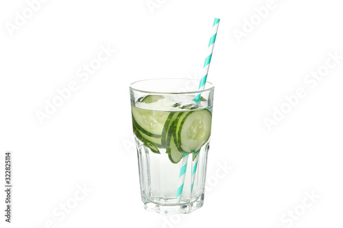 Glass with infused cucumber water isolated on white background