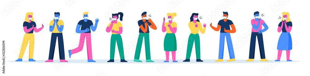 Horizontal banner with coughing men and women wearing protective medical masks. Bundle of people protecting themselves from virus, air pollution, dust, smog. Modern flat cartoon vector illustration. Horizontal banner with coughing men and women wearing protective medical masks. Bundle of people protecting themselves from virus, air pollution, dust, smog. Modern flat cartoon vector illustration.