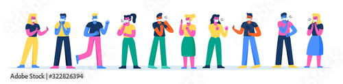 Horizontal banner with coughing men and women wearing protective medical masks. Bundle of people protecting themselves from virus, air pollution, dust, smog. Modern flat cartoon vector illustration.