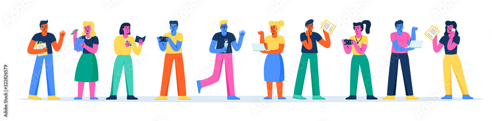 Horizontal banner with funny men and women with notepads, microphones and photo cameras. Collection of happy people making notes, photographing, interviewing. Modern flat cartoon vector illustration.