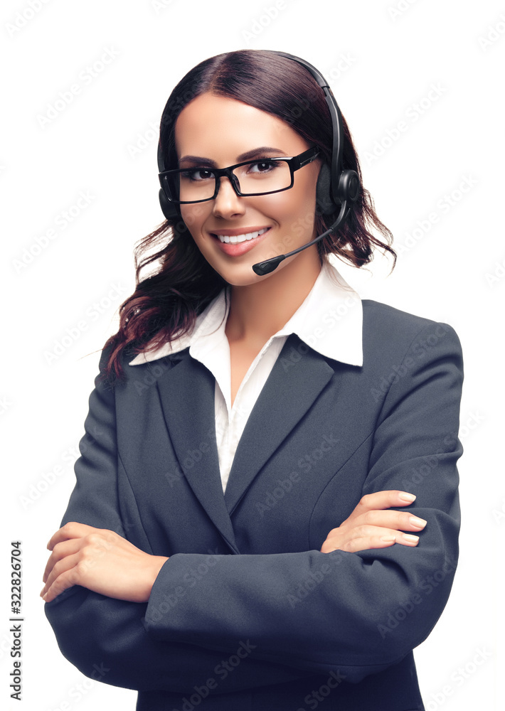 Portrait of smiling customer support phone operator in glasses and grey confident suit, with crossed hands, isolated over white background Portrait of smiling customer support phone operator in glasses and grey confident suit, with crossed hands, isolated over white background