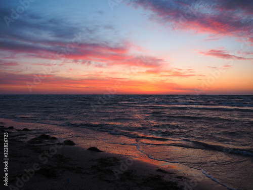 The waves push the algae onto the sandy beach at sunrise