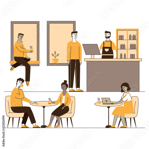 Coffee shop with young people characters dinning in coffeehouse vector illustration. Cafe with men and women drinking coffee and working together. Coworking and collaboration concept.