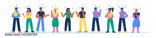 Horizontal banner with confused people asking questions and thinking. Bundle of cute pensive or thoughtful men and women contemplating and solving problems. Modern flat cartoon vector illustration.