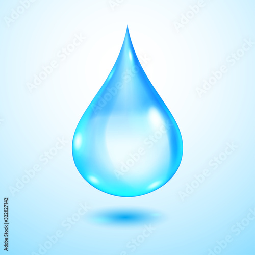 One big realistic translucent water drop in blue colors with shadow