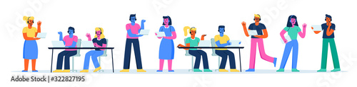 Horizontal banner with hotline operators, dispatchers. Bundle of cute men and women wearing headphones or headsets providing customer or technical support service. Flat cartoon vector illustration.