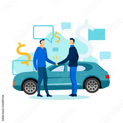 Men Shake Hand. Make Successful Deal. Mens Handshake. Business Meeting. Vector Illustration. Teamwork. Business Partnership. Buying Car. Man in front Blue Car. Conclude an Agreement.